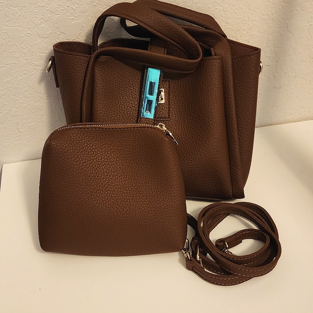 Brown Mini Bag with Gold Hardware and Structured Design - Picture 6 of 6